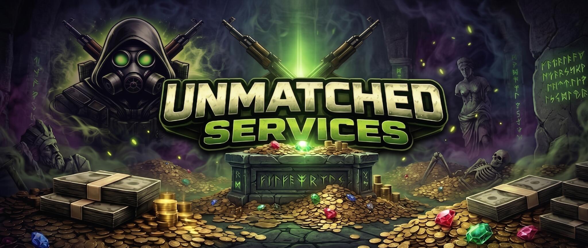 Discovery splash banner for Unmatched Services Discord server